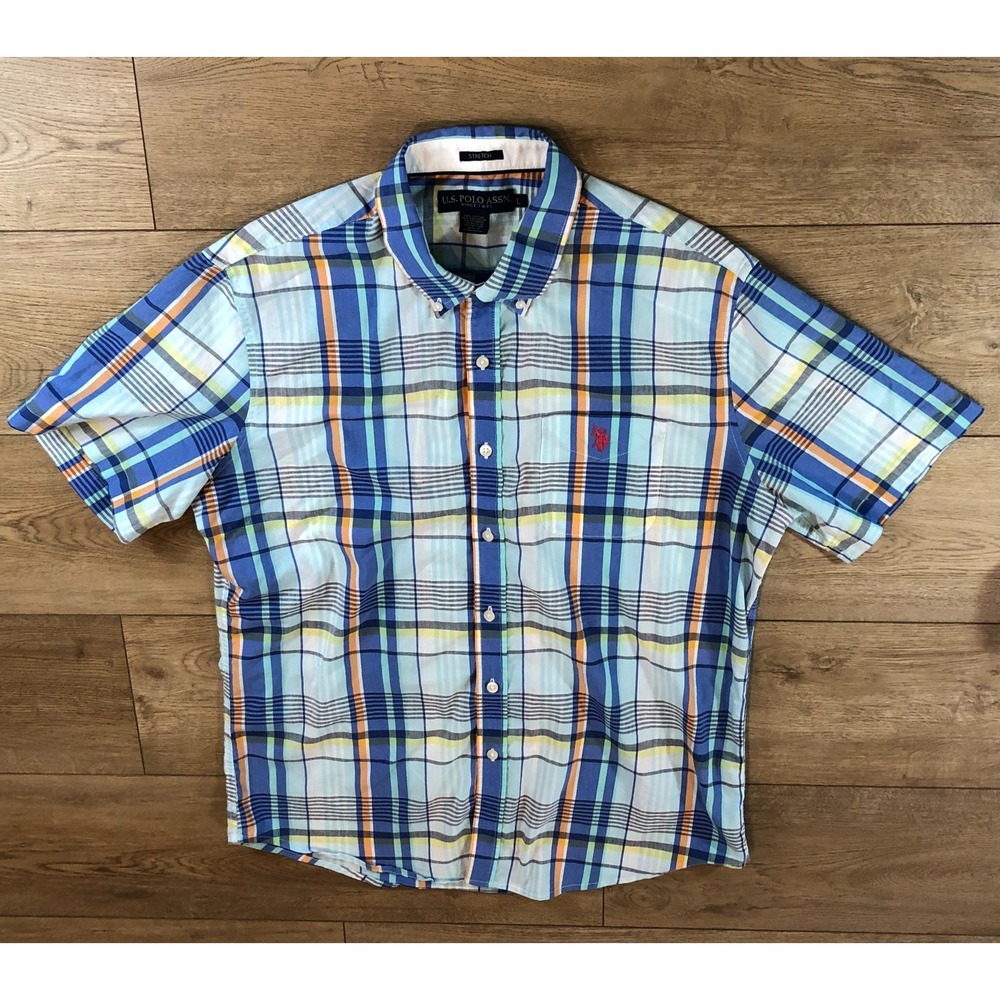 U.S. Polo Assn Mens Large Plaid Button Down Shirt Short Sleeve Casual Summer